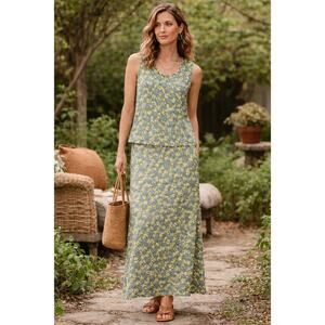 Vintage Flax Jeanne Engelhart Green Floral Rayon Skirt & Top Set | Small